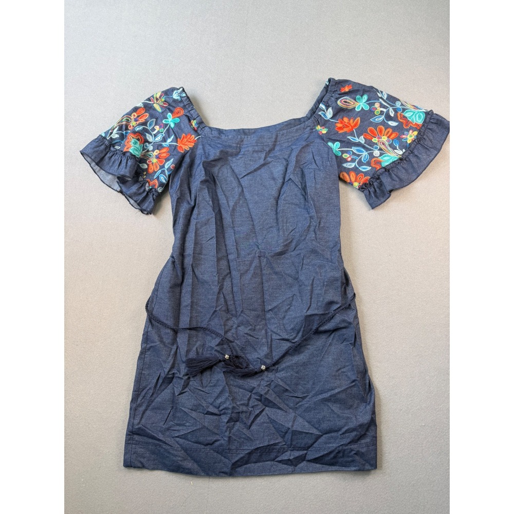 Signature by Robbie Bee Women Blue Chambray Floral Embroidered Boho Dress Sz 12